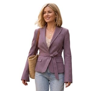 XS BCBGMaxazria Belted Blazer Pinstripe Woven Jacket Grey Linen Y2K